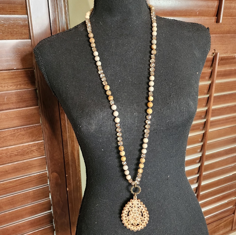 Cream and Brown Bohemian Necklace with Ornate Pendant